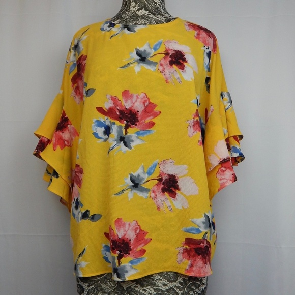 Yellow Floral Halogen Ruffle Sleeve Blouse Large - Picture 1 of 4